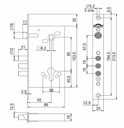 Корпус врезного замка с защёлкой Кремень 1.03.25 /01504/